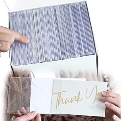 Photo 1 of 100 Thank You Cards Bulk w/Envelopes - All Glittering Gold Foil Embellishment, Already Folded 4 X 6” Photo Size, Perfect for Wedding, Bridal/Baby Shower, Business, Birthday, Graduation, Blank Inside
