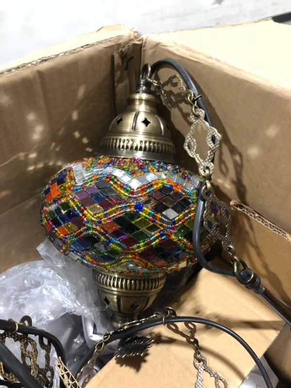 Photo 3 of (8 Colors) DEMMEX Turkish Moroccan Mosaic Swag Plug in Pendant Ceiling Hanging Light with 15feet Cord Decorated Chain & North American Plug (Multicolor - 6" Diameter)