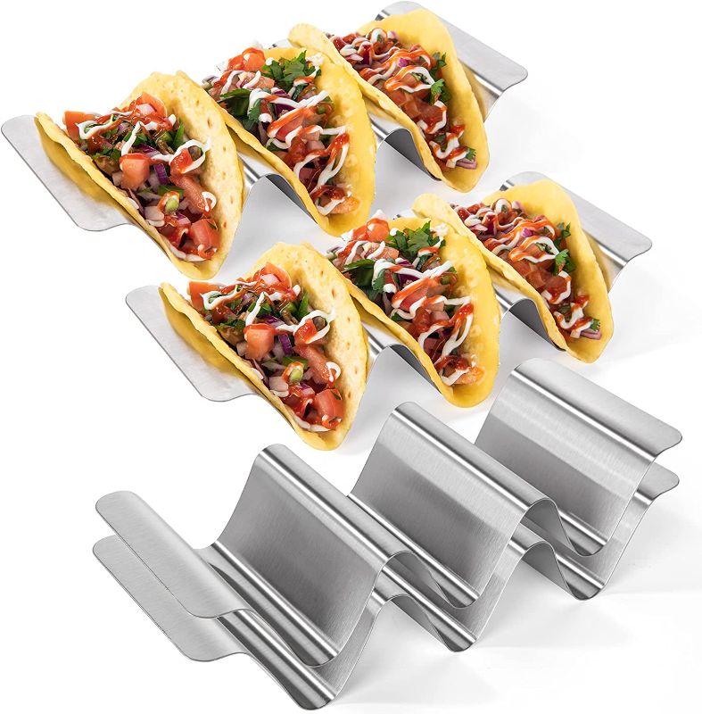 Photo 1 of 18/8 Stainless Steel Taco Holders: U-Taste Soft Hard Taco Shell Rack Oven Safe Metal Corn Tortilla Serving Tray Plates Stand Set with Handle and Rounded Curves (Set of 4)