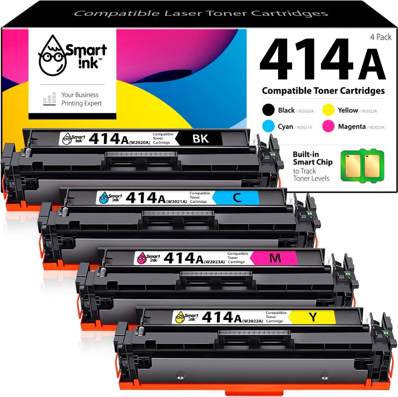 Photo 1 of Smart Ink Compatible Toner Cartridge Replacement for HP 414A 414 A with Built-in Chip (4 Pack) to use with Color Laserjet Pro MFP M479fdw M479fdn M479fdw M454dw M454dn (Black Cyan Magenta Yellow) 