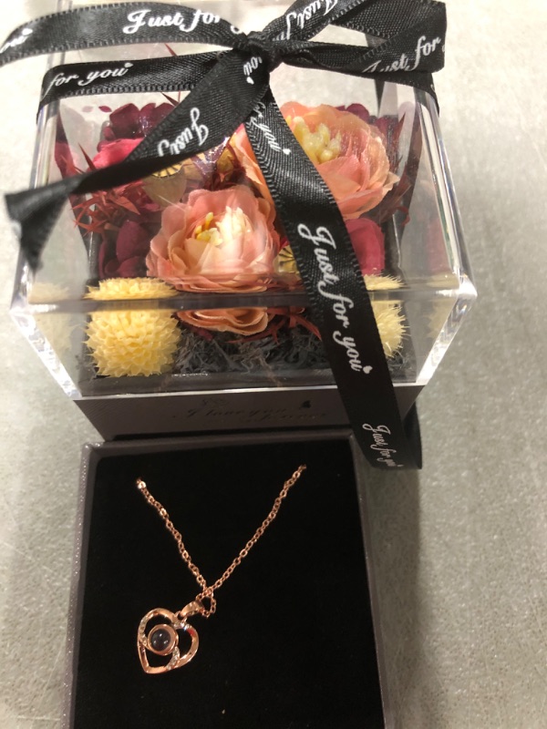 Photo 3 of Artificial Rose Gift Box with Heart Necklace, Preserved Flowers for Her, Romantic Birthday Gift, Anniversary, Mother's Day, Christmas, Valentine's Day Gifts

