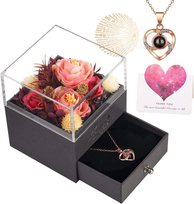 Photo 1 of Artificial Rose Gift Box with Heart Necklace, Preserved Flowers for Her, Romantic Birthday Gift, Anniversary, Mother's Day, Christmas, Valentine's Day Gifts
