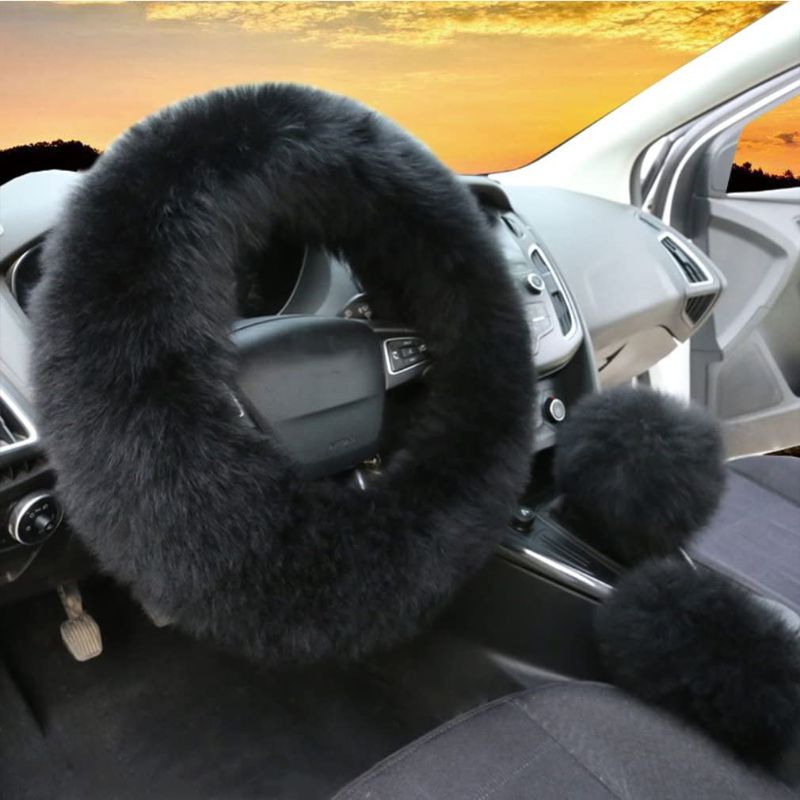 Photo 1 of 3Pcs Set Womens Winter Fashion Wool Fur Soft Furry Steering Wheel Covers Black Fluffy Handbrake Cover Gear Shift Cover Fuzz Warm Non-slip Car Decoration Long Hair 