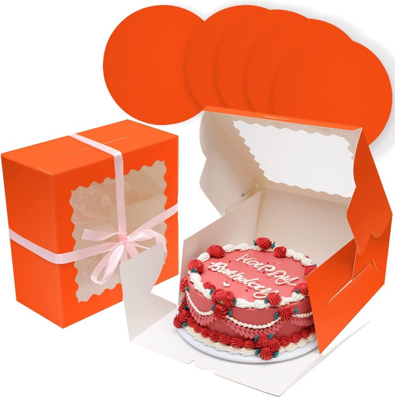 Photo 1 of 10x10x5 Cake Boxes with Window 18-Packs Orange Cake Boxes 10 Inch Bakery Boxes (18 Cake Boxes +18 Cake Boards+10 Meters Silk Ribbon Includes Included)