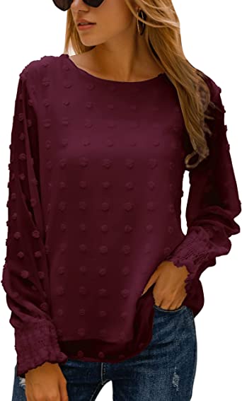 Photo 1 of Blooming Jelly Womens Chiffon Blouses Elegant Lantern Long Sleeve Round Neck Top Pom Pom Shirts Size XL