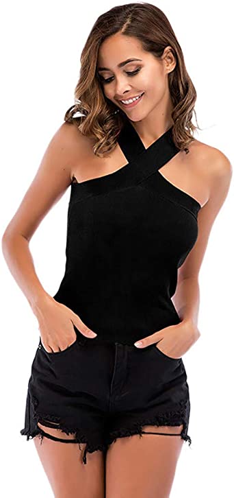 Photo 1 of ??? Women's Solid Sleeveless Sexy Strappy Criss Cross Tank Top Sexy Knitting Strapless Vest Cami Top Size S