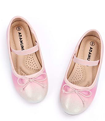 Photo 1 of ADAMUMU Girls Dress Shoes Cute Bow Mary Jane Shoes Ballerina Flats with Satin Ankle Tie,Flower Girls for Wedding Sparkly Birthday Party or School Daily Dress Up Size 1M