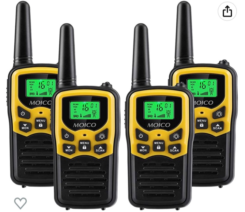 Photo 1 of Walkie Talkies with 22 FRS Channels, MOICO Walkie Talkies for Adults with LED Flashlight VOX Scan LCD Display, Long Range Family Walkie Talkie for Hiking Camping Trip (Yellow, 4 Pack)Amazon's Choice Portable FRS Two-Way Radios by MOICO