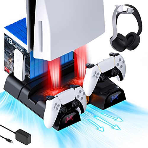 Photo 1 of NexiGo PS5 Accessories Vertical Stand with Headset Holder and AC Adapter, for PS5 Disc & Digital Editions Dual Controllers Charger, 3 Levels Adjustabl
