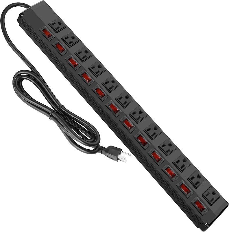 Photo 1 of 12 Outlet Metal Heavy Duty Power Strip Individual Switches,Wall Mount Long Power Strip with 1200J Surge Protector,6FT Cable for Home Office Workshop Garage Aquarium 