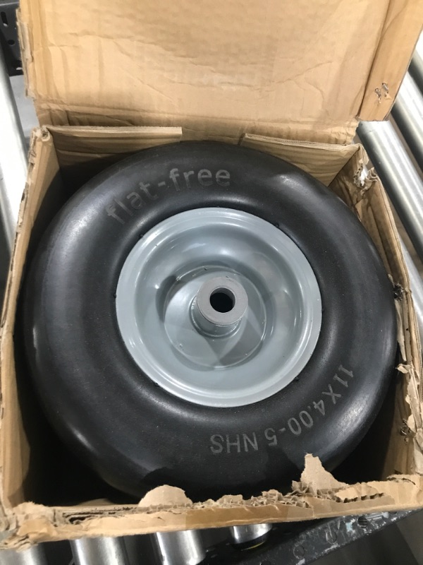 Photo 2 of 2 PCS 11x4.00-5" Flat Free Lawn Mower Tire on Wheel, 3/4" or 5/8" Bushing, 3.4"-4"-4.5 -5" Centered Hub, Universal Fit Smooth Tread Tire for Zero Turn Lawn Mowers, with Universal Adapter Kit