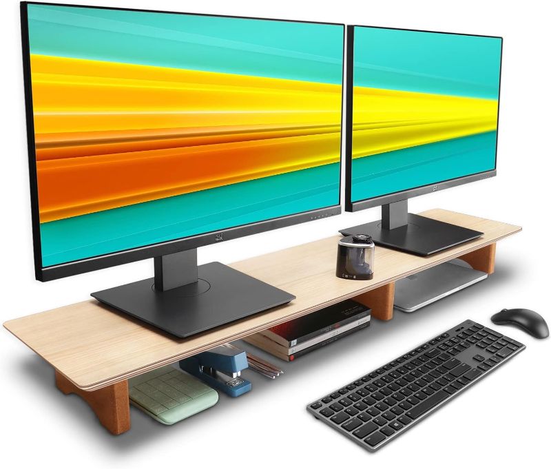 Photo 1 of Aothia Large Dual Monitor Stand Riser, Solid Wood Desk Shelf with Eco Cork Legs for Laptop Computer/TV/PC/Printers, Perfect Desktop Stands Organizer with Underneath Storage for Office Accessories
