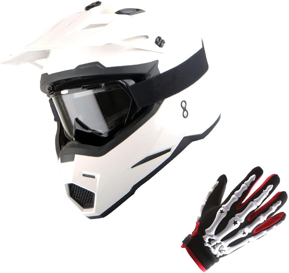 Photo 1 of 1Storm Motocross Adult Helmet BMX MX ATV Dirt Bike Helmet Glossy White + Goggles + Skeleton White Glove Bundle
