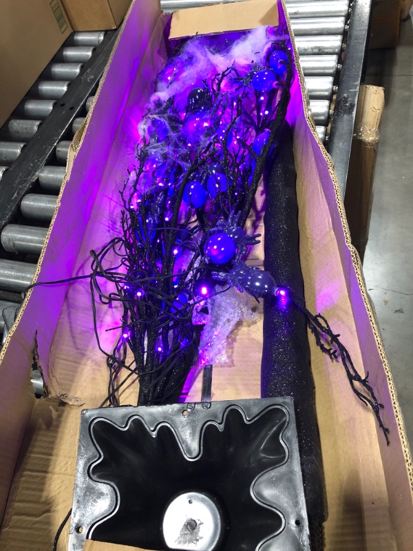 Photo 2 of 6 Ft High Halloween Lighted Tree Decor with Timer 24 Spiders & 96 Purple LED Glitter Black Spooky Tree Halloween Scary Decorations Outdoor Indoor Home Yard (Plug in/4 Stakes)