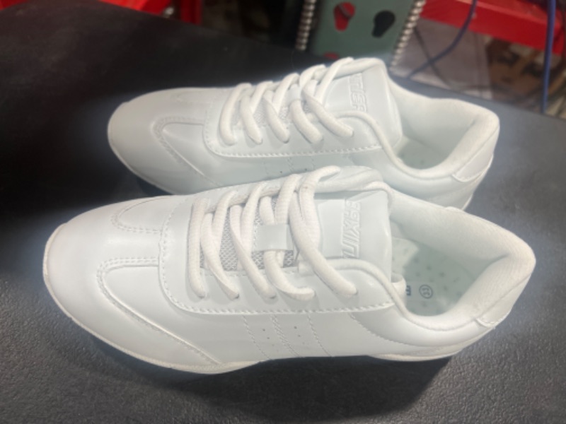 Photo 1 of BAXINIER Youth Girls White Cheerleading Dancing Shoes Athletic Training Tennis Walking Breathable Competition Cheer Sneakers (Size Unknown) 