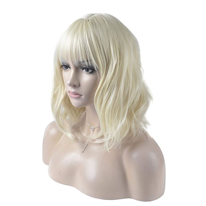 Photo 1 of DAOTS 14 Inches Curly Wigs with Bangs for Women Girls Heat Resistant Synthetic Hair Wig (Light Blonde)
