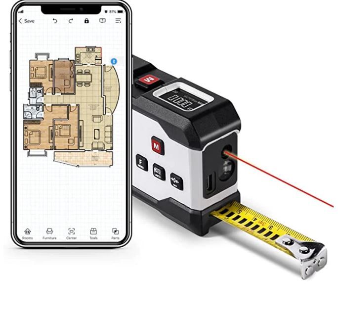 Photo 1 of Laser Distance Tape Meters with Phone App, 2D Floor Plan + 3D Rendering, 2 in 1 Bluetooth Laser Measure 6 Unit Switching, USB-Charge, Measure Distance, Area, Volume(195ft)