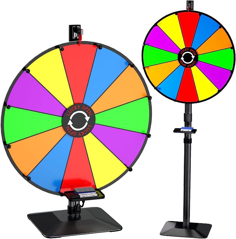 Photo 1 of 24 Inch Spinning Wheel, 12 Slots Color Prize Wheel with Gooseneck Tray, Dry Erase Marker & Eraser, Heavy Duty Spin Wheel for Tabletop or Floor, Roulette Wheel of Fortune for Carnival Game, Trade Show