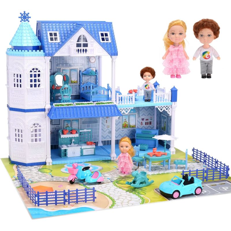 Photo 1 of Cute Stone Dollhouse Dreamhouse with 2 Dolls,Flashing Lights,Movable Elevator,DIY Blue Princess Castle Toys Gift for Girls
