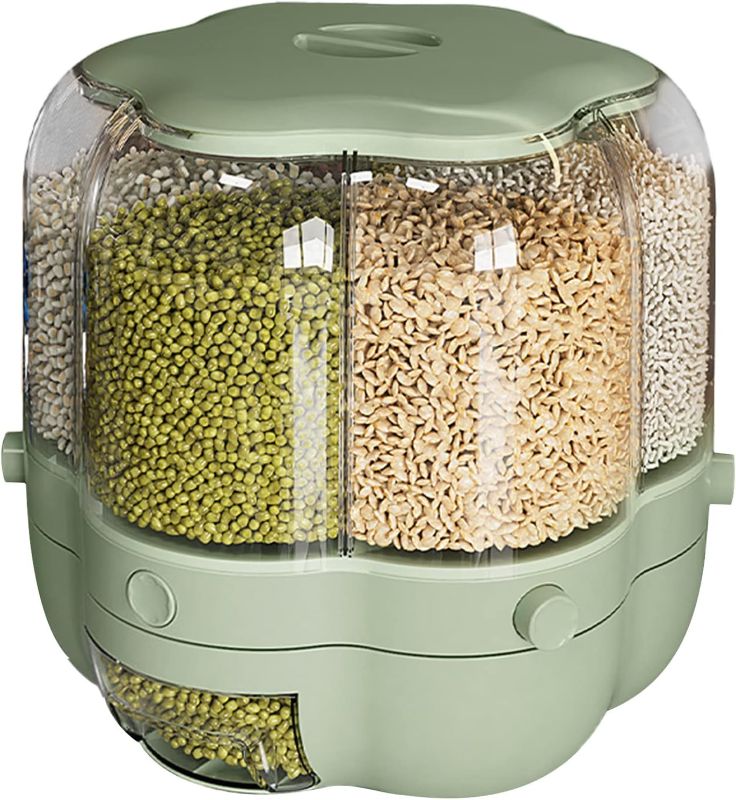 Photo 1 of AHOUGER Cereal Rice Container Storage, Upgrade 6 Compartment 360° Rotating Grain Storage Food Dispenser with Lid Moisture Resistant Household, Kitchen Storage Container for All Beans, Barley, Millet 