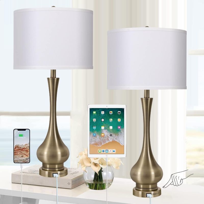 Photo 1 of Touch table lamp for Bedroom Set of 2 with USB C Port, Lamps for Living Room Set of 2, Tall 30" Touch Lamp for Bedrooms with White Shade, 3 Way Dimmable Nightstand Lamp for Living Room, Bedroom