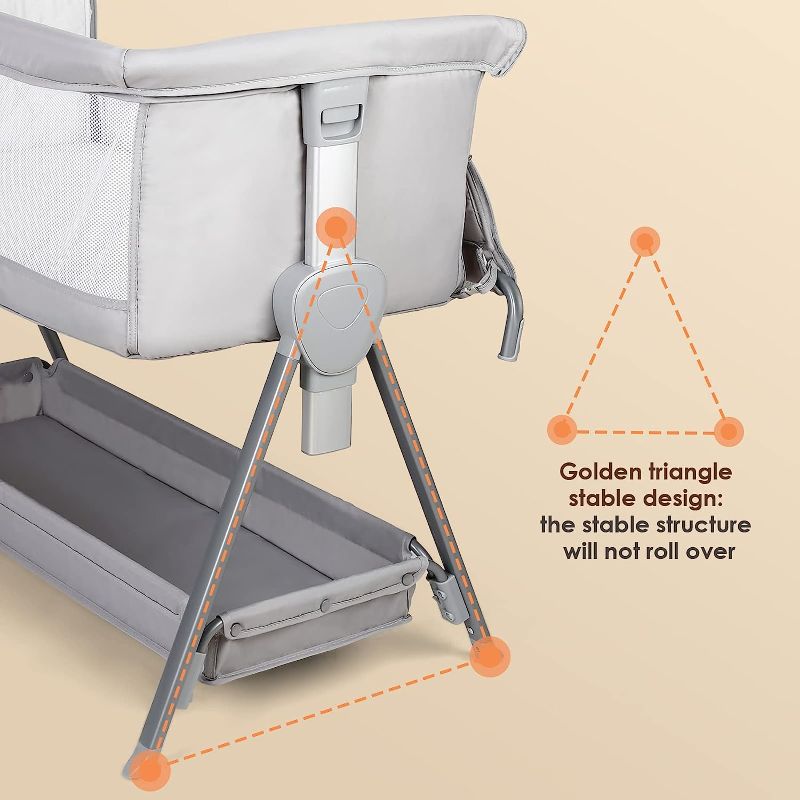 Photo 3 of Cowiewie Baby Bassinet with Bed Mattress and Storage | 7-Levels Height Adjustable | Basket Beside Bassinet Sleeper Impact Cotton Protects Baby's Head and Feet Moris Grey