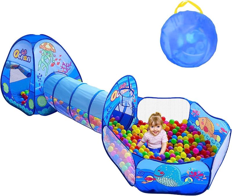 Photo 1 of 3PC Kids Play Tent with Ball Pit, Play Tunnel, Basketball Hoop for Boys & Girls, Toddler Pop Up Playhouse Toy for Baby Indoor/Outdoor, Birthday Gift for...
