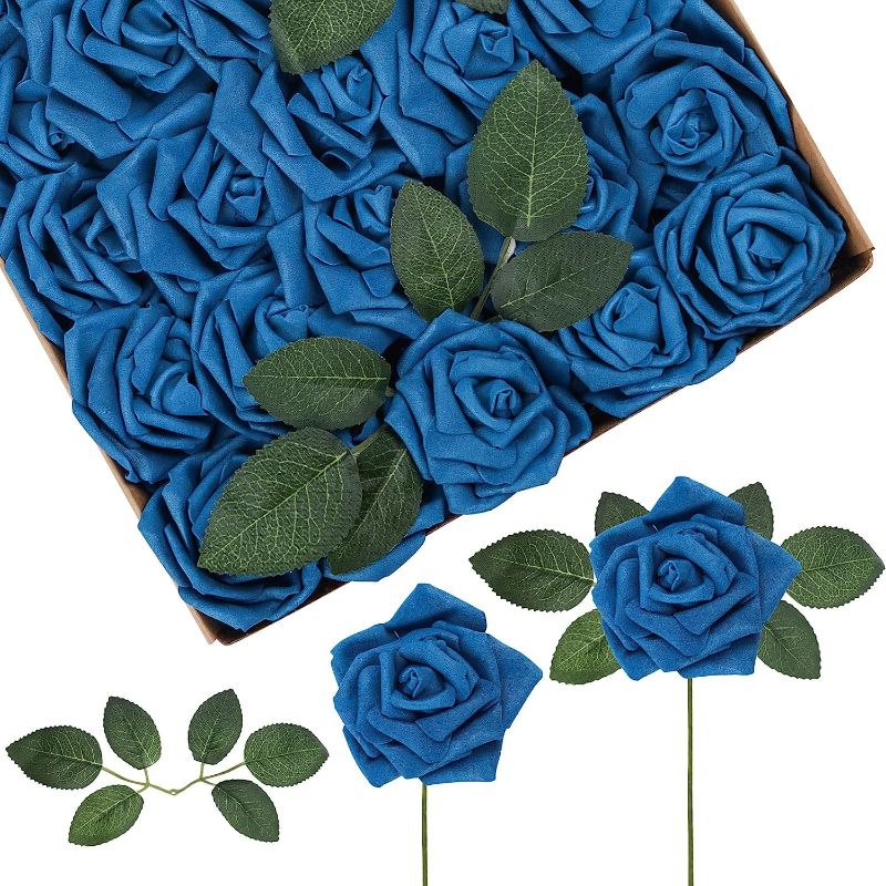 Photo 1 of 50pcs Artificial Flowers Roses Real Touch Fake Roses for DIY Wedding Bouquets Bridal Shower Party Home Decorations(Blue ) 