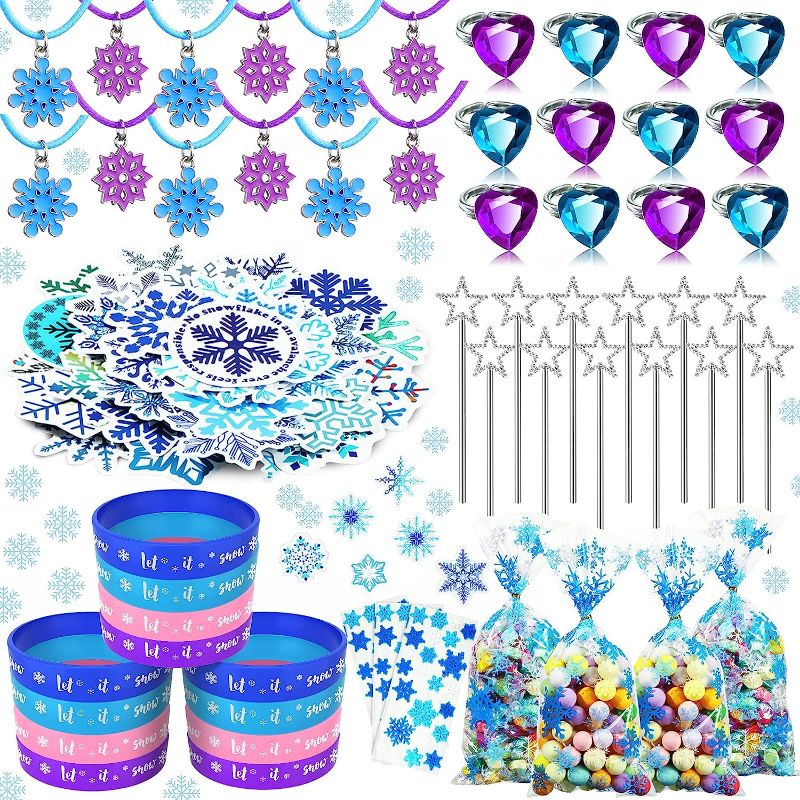 Photo 1 of 62 Pcs Princess Jewelry Snowflake Party Favor Winter Party Favors Bags Snowflake Necklace Snowflake Princess Wand Ring Snowflake Silicone Bracelets Stickers for Winter Birthday Holiday Party Favor 
