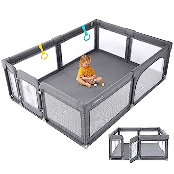 Photo 1 of Baby Playpen with Swing Door for Adults, Play Pens for Babies 59 * 71in Large Play Yards, Baby Playpen for Toddler, Safety Kids Activity Center, Cholena Breathable Mesh Playpen, Cationic Grey
