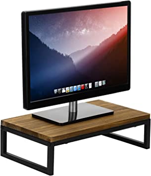 Photo 1 of MyGift Rustic Brown Solid Wood Desk Computer Monitor Stand with Black Metal Framed Legs, Desktop Laptop Riser, Storage and Organizer Display Shelf
