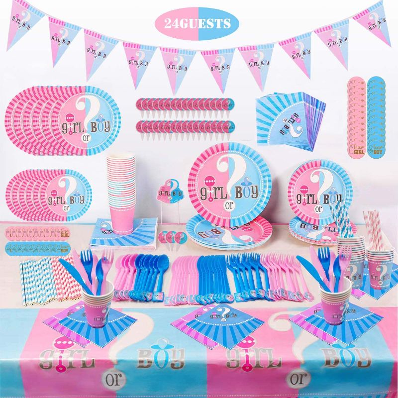 Photo 1 of Gender Reveal Party Supplies Tableware Set - (275 PCS) Baby Gender Reveal Partyware Kit For 24 Guest Baby Gender Reveal With Flatware, Spoons, Plates, Cups, Straws, Napkins, Tablecloth, Cake Topper, Stickers, Triangle Flag Banner, Great For Girl or Boy Ge