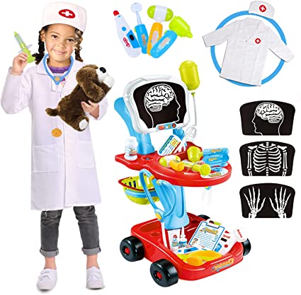 Photo 1 of Doctor Cart Kit for Kids with Stethoscope Doctor Coat Light X-Ray Double-Decker Trolley Dress Up Doctor Costume Playset Toys Pretend Medical Play Doctor Kits for Toddlers Boy Girl Age 3 4 5 Years Old
