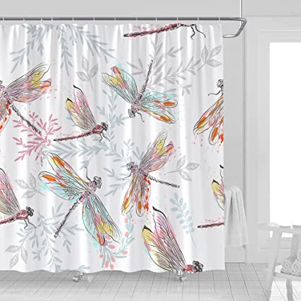 Photo 1 of UOZXOML Dragonfly Shower Curtain Abstract Wildflower Botanical Colorful Flying Dragonflies in The Garden Summer Scenery Rustic Farmhouse Polyester Fabric with Hooks for Bathroom Decor
