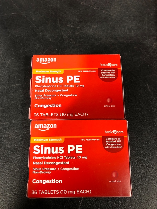 Photo 2 of Amazon Basic Care Sinus PE, Maximum Strength Nasal Decongestant, Cold Medicine, Phenylephrine HCl Tablets, 10 mg, 36 Count - 2 PACK -EXP 08/2023