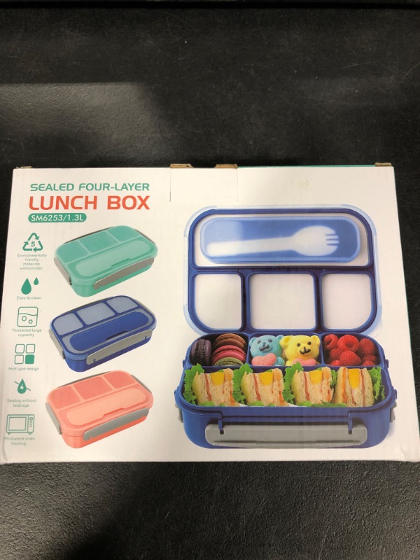 Photo 1 of 1.3L Lunch Box Bento with Utensils and 4 Compartments, Leakproof Plastic BPA Free Microwave Safe Square Lunch Containers for Adults Teens Students Kids