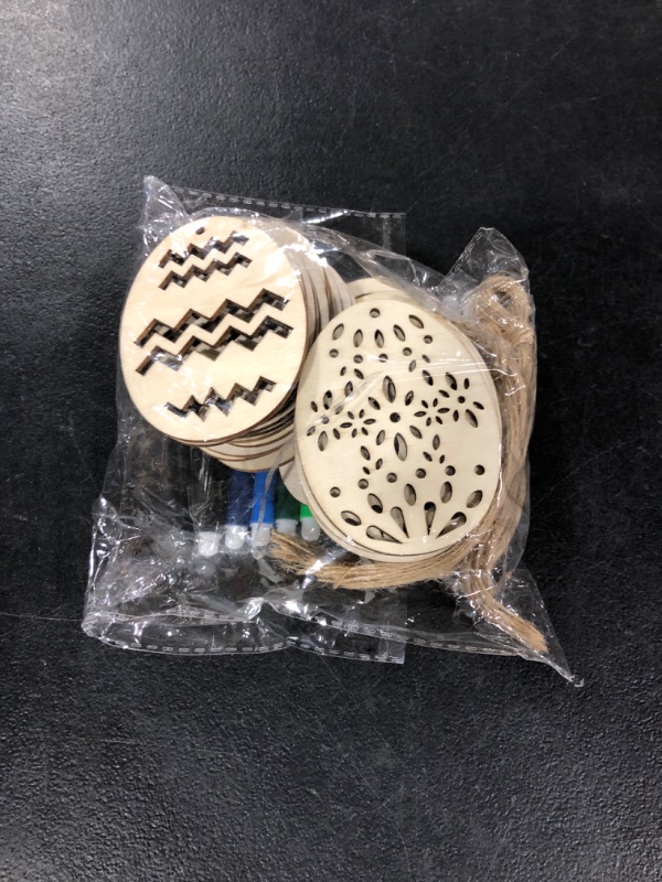 Photo 1 of 30 PCS Easter Wooden Hanging Ornaments,Unfinished Wood Slices Eggs Easter Crafts,Egg Bunny Chicken Flower Shape for DIY Kids Easter Party Decoration Supplies