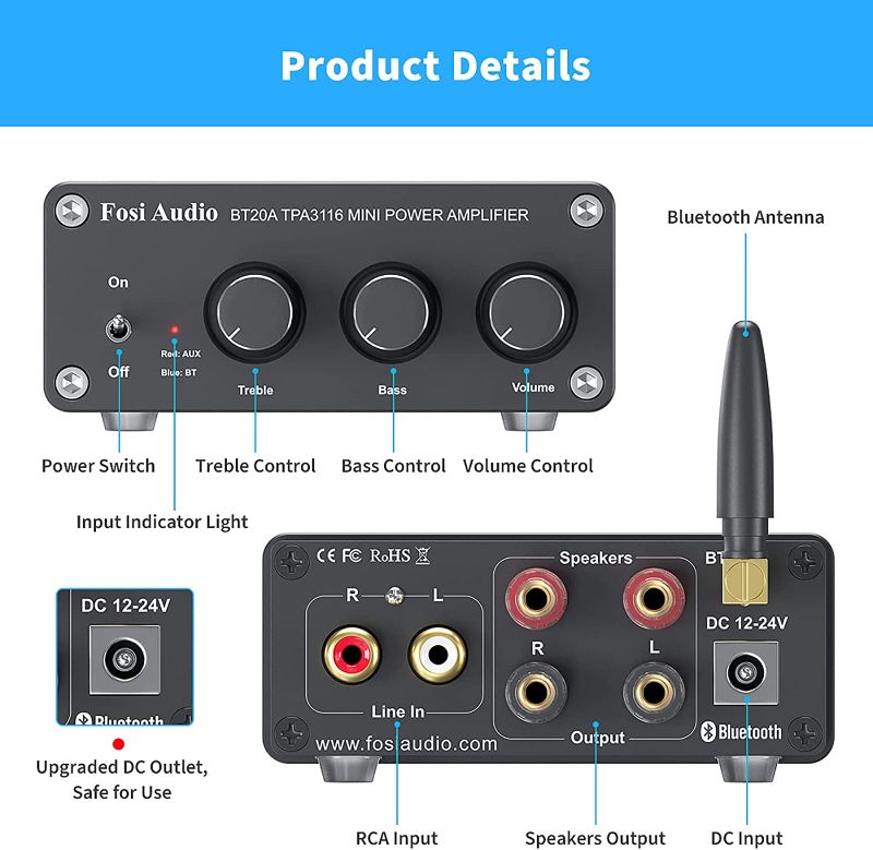 Photo 1 of Fosi Audio Bl20a Bluetooth 5.0 Stereo Audio 2 Channel Amplifier Receiver Mini Hi-Fi Class D Integrated Amp 2.0 CH for Home Speakers 100W x 2 with Bass and Treble Control TPA3116 (with Power Supply)
