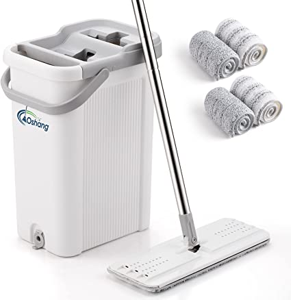 Photo 1 of oshang Flat Floor Mop and Bucket Set for Home Floor Cleaning, Hands Free Floor Flat Mop, Stainless-Steel Handle, 4 Washable & Reusable Microfiber Pads

