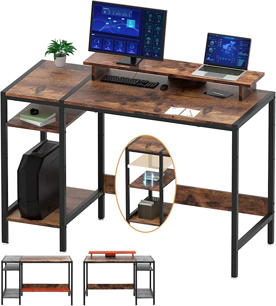 Photo 1 of MINOSYS Computer Desk - 47” Gaming Desk, Home Office Desk with Storage, Small Desk with Monitor Stand, Rustic Writing Desk for 2 Monitors, Adjustable Storage Space, Modern Design Corner Table