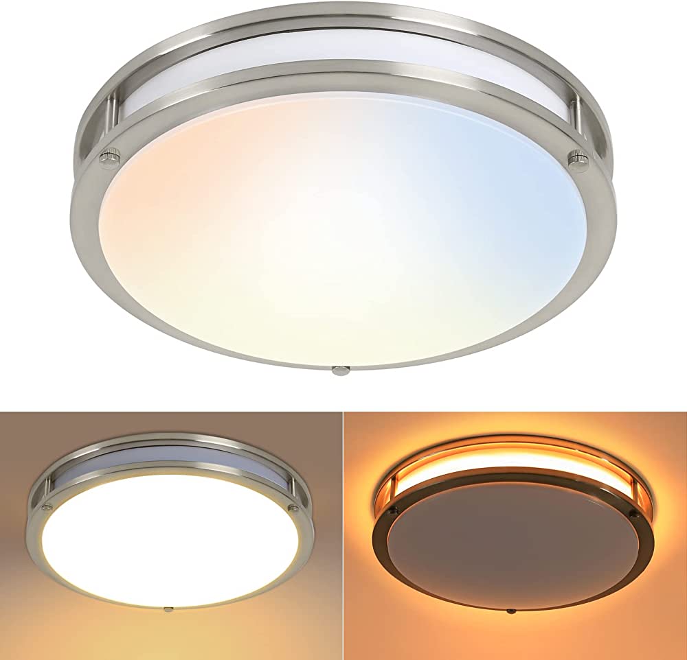 Photo 1 of 13 inch Flush Mount LED Ceiling Light, with Night Light (2200K 5W), 5CCT(2700-5000K Adjustable), 23W, 1300LM, 80CRI, Dimmable, Brushed Nickel Saturn Lighting for Hallway or Stairwell, ETL Listed