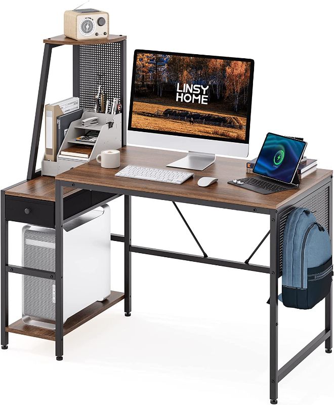 Photo 1 of LINSY HOME Computer Desk 47”, Home Office Desk with Storage Shelves, PC Gaming Desk with Pegboards, Reversible Small Writing Study Desk, Rustic Brown