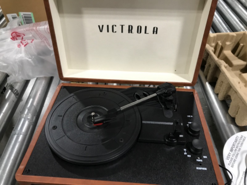 Photo 2 of Victrola Vintage 3-Speed Bluetooth Portable Suitcase Record Player with Built-in Speakers | Upgraded Turntable Audio Sound| Includes Extra Stylus | Brown Brown Record Player