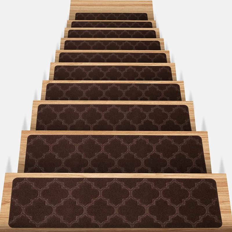 Photo 1 of Wansimoo Non-Slip Stair Treads,Carpet Stair Treads for Wooden Steps & Tile Steps.Suitable for The Elderly,Children and Pets with Reusable Adhesive.Brown,8"x30"(15 in Pack)