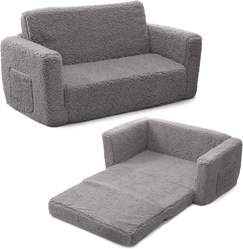 Photo 1 of ALIMORDEN 2-in-1 Flip Out Extra Wide Cuddly Sherpa Kids Couch, Convertible Sofa to Lounger, Grey
