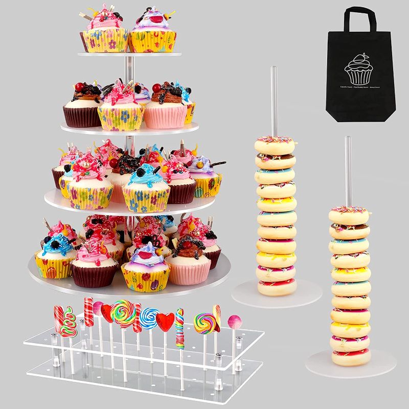 Photo 1 of 5 PCS Cupcake Tier Stands Set, TOKUFAGU 4-Tier Cupcake Holder, 28 Hole Cake Pop Stand, 2 Pcs Donut Stands, Cupcake Stand for 50 Cupcakes Acrylic Cupcake Display Stand for Birthday Party Decor