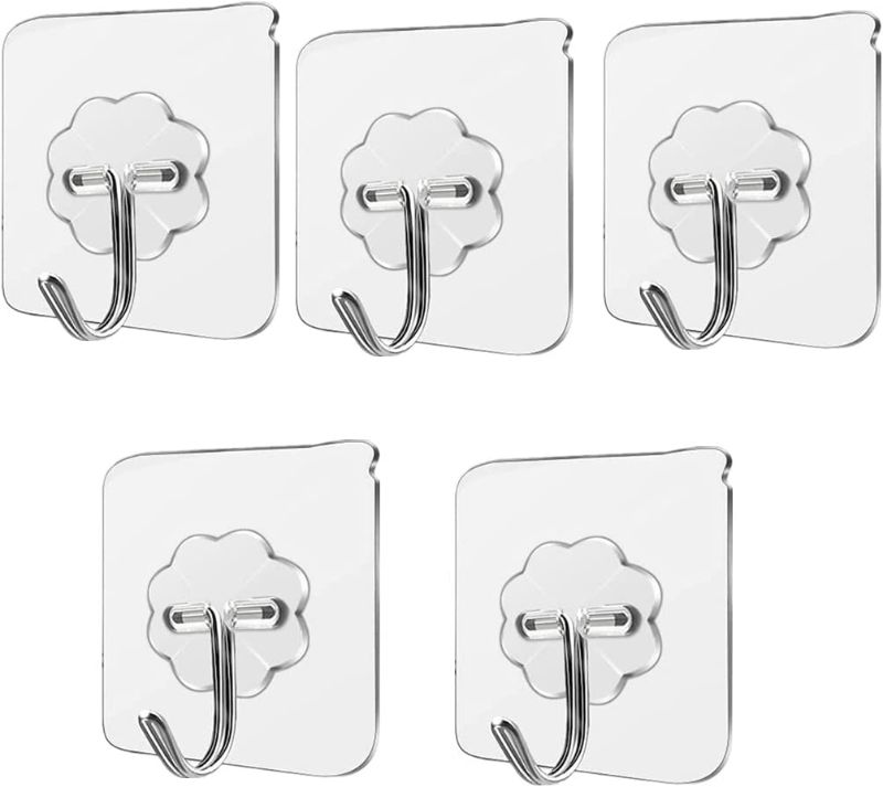 Photo 1 of 5Pack Adhesive Heavy Duty Wall Hooks 13lb(Max) Transparent Reusable Seamless Nail Free Hooks Waterproof and Oilproof,Bathroom Kitchen Utility Towel Mug Cups Spatula Can Opener Scissors Hooks
