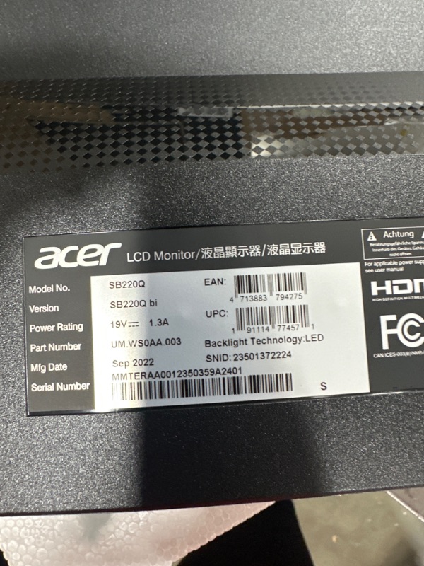 Photo 4 of Acer 21.5 Inch Full HD (1920 x 1080) IPS Ultra-Thin Zero Frame Computer Monitor (HDMI & VGA Port), SB220Q bi