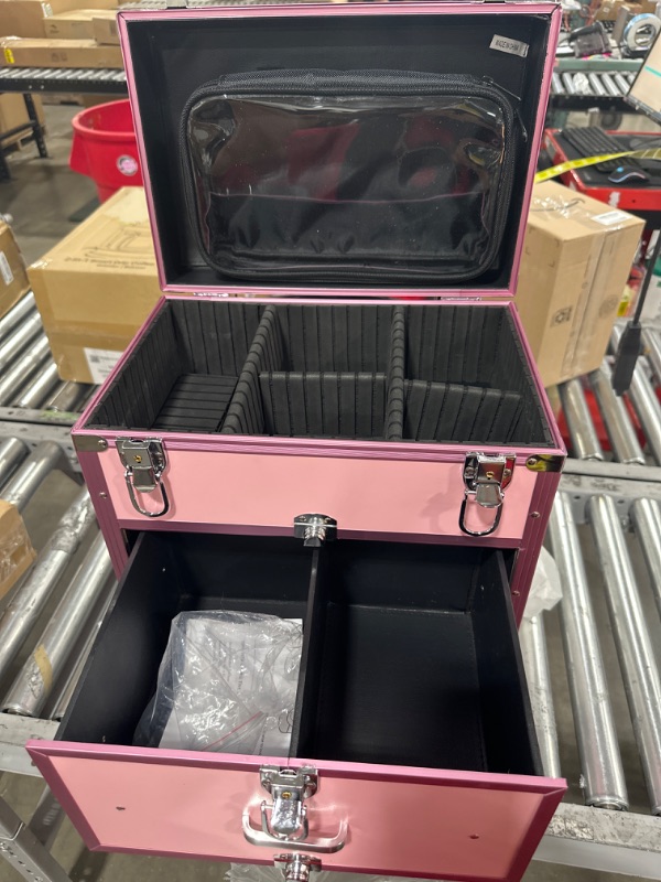 Photo 3 of Adazzo Professional Rolling Makeup Train Case with Drawers, Large Cosmetic Trolley with Locks, Cosmetics Storage Organizer Make up Case for Travel Makeup / Nail Art / Hair Styling, Matte Pink