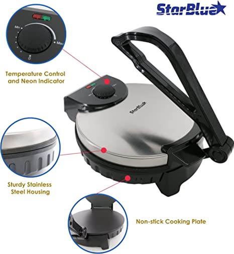 Photo 1 of 10inch Roti Maker by StarBlue with FREE Roti Warmer - The automatic Stainless Steel Non-Stick Electric machine to make Indian style Chapati, Tortilla, Roti AC 110V 50/60Hz 1200W
